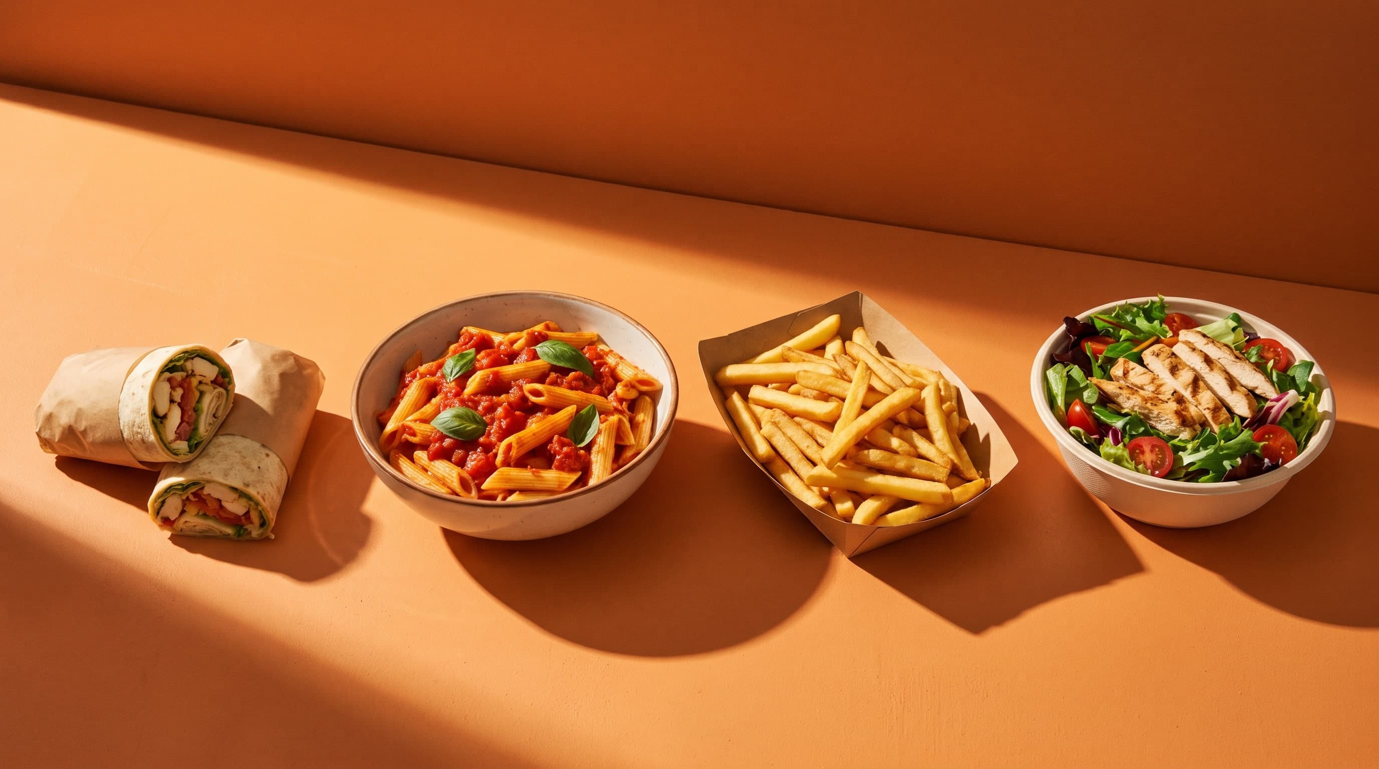 Wrap, Penne mit Tomatensauce und Basilikum, Pommes in einer Pappschale und Salat mit Hähnchenstreifen nebeneinander auf einer orangen Fläche