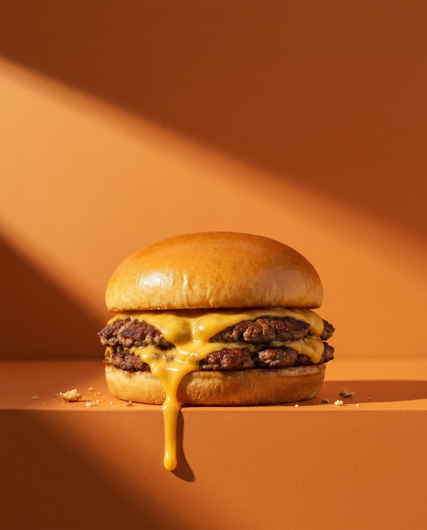 Burger mit zwei Fleischscheiben und zerlaufendem Käse vor einer orangen Wand