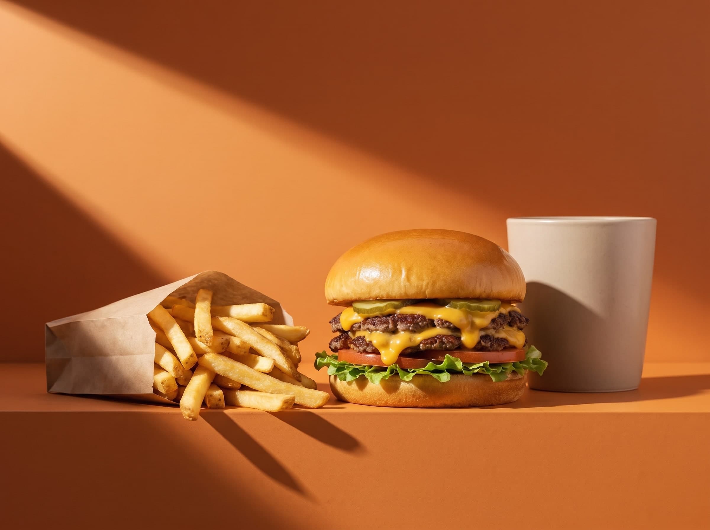 Burger mit Käse, Gurken, Tomate und Salat, daneben Pommes in einer Papiertüte und ein Becher