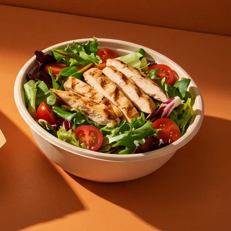 Schale mit gemischtem Salat, Cherrytomaten und gegrillten Hähnchenstreifen