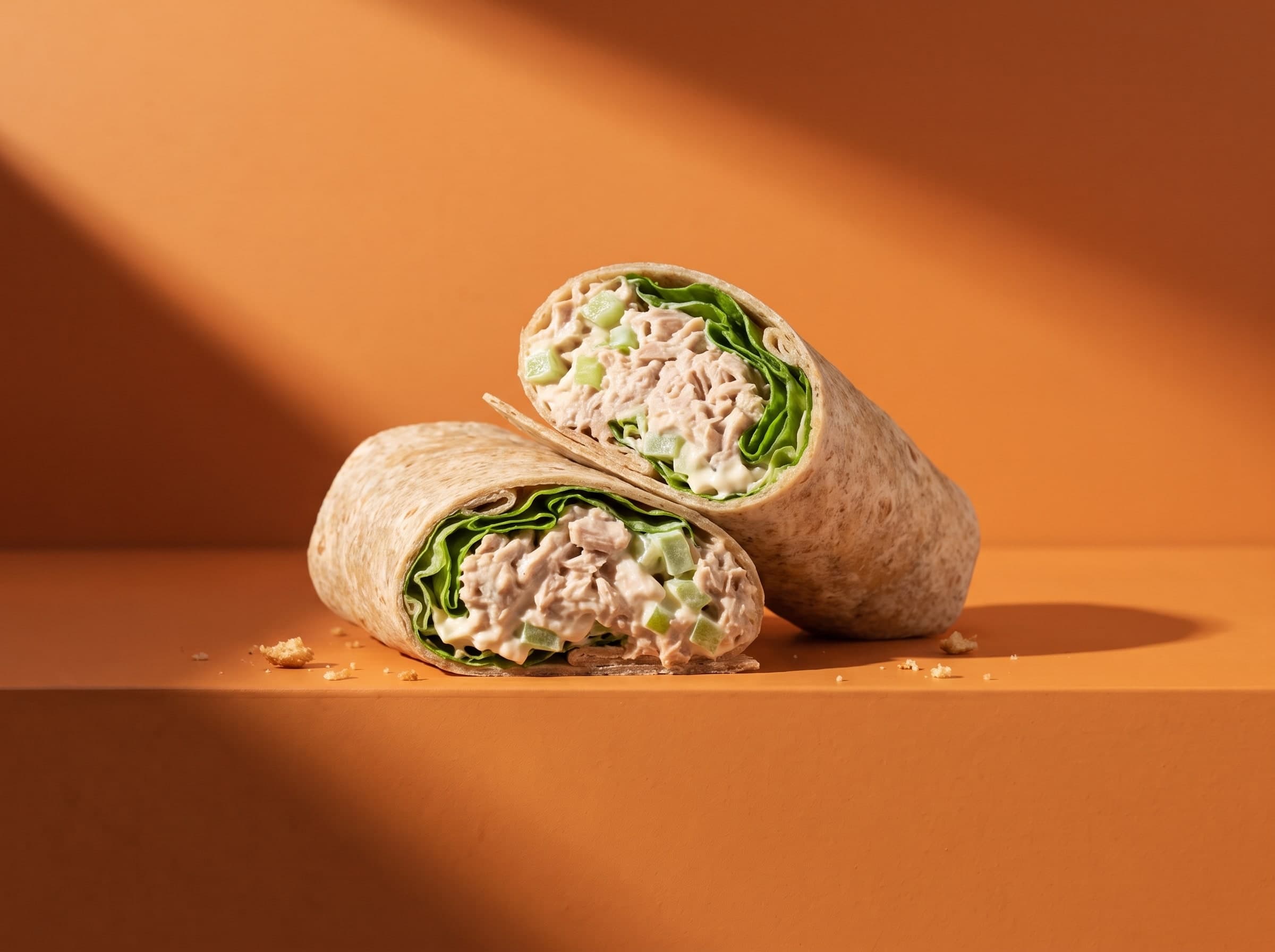 Halbierter Wrap mit Thunfisch, Salat und Gurkenwürfeln auf einer orangen Ablage